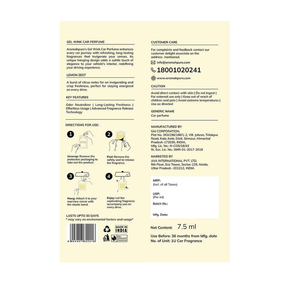Aromahpure Gel Wink Car Perfume - Lemon Zest | Long-Lasting | 30 Days