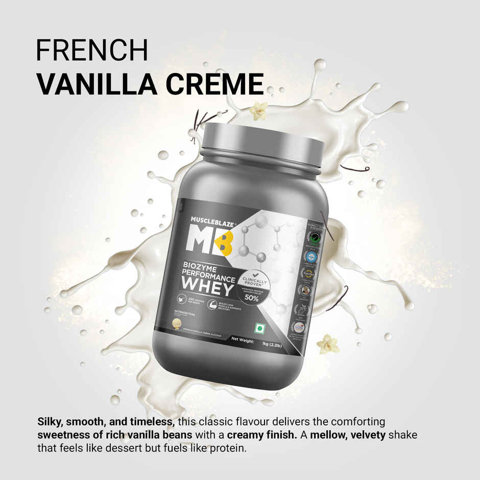 MuscleBlaze Biozyme Performance Whey Protein Powder | French Vanilla Creme