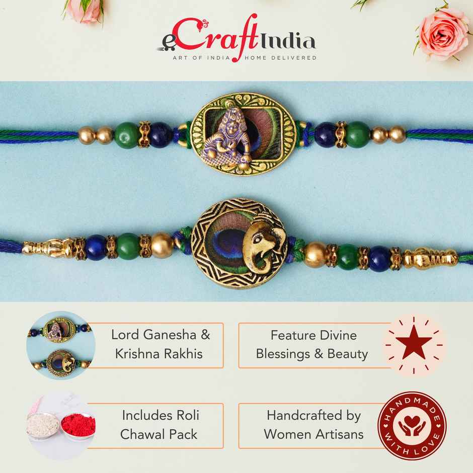 Religious Ganesha and Krishna Rakhi for Brothers with Roli Chawal | Pack of 2 | Ecraftindia