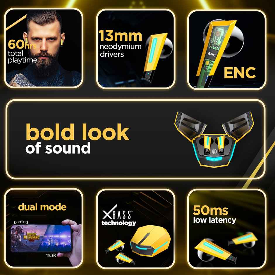 Nu Republic Transform-X TWS Earbuds | Upto 60Hrs Playtime | 13Mm Neodymium Driver & Xbass Technology | ENC Hall Sensor Dual Mode | Yellow