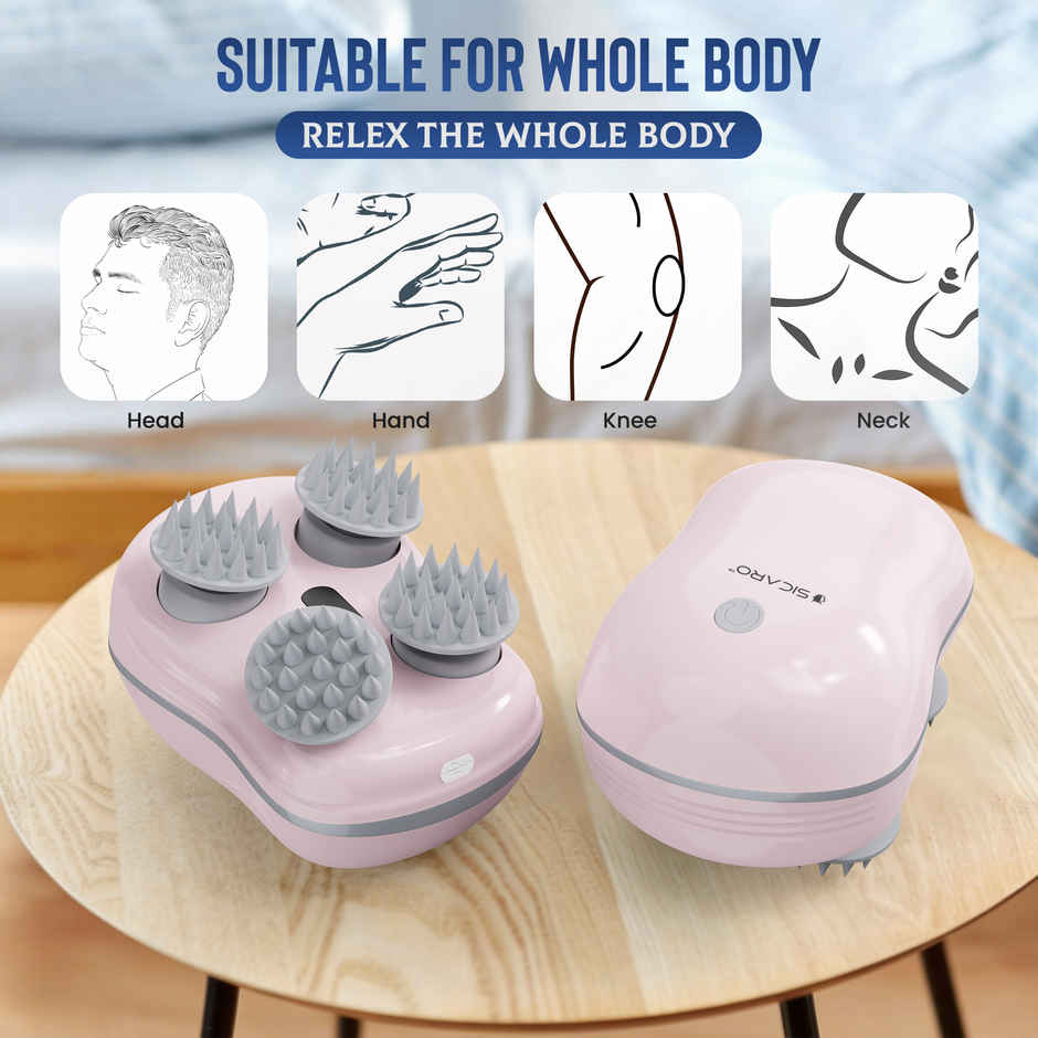 Sicaro RP202 Relax Pro Rechargeable Scalp and Body Massager | 360 Degree Deep Massage Bristles | Pink