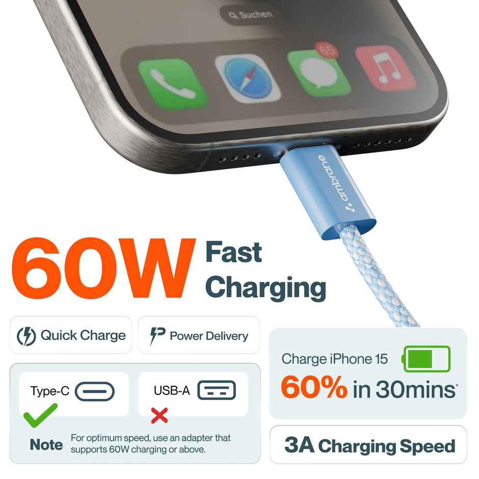 Ambrane 60W TypeC to TypeC 1.2M Fast Charging Cable for Android, IOS & Other Devices, ABCC-60 Blue