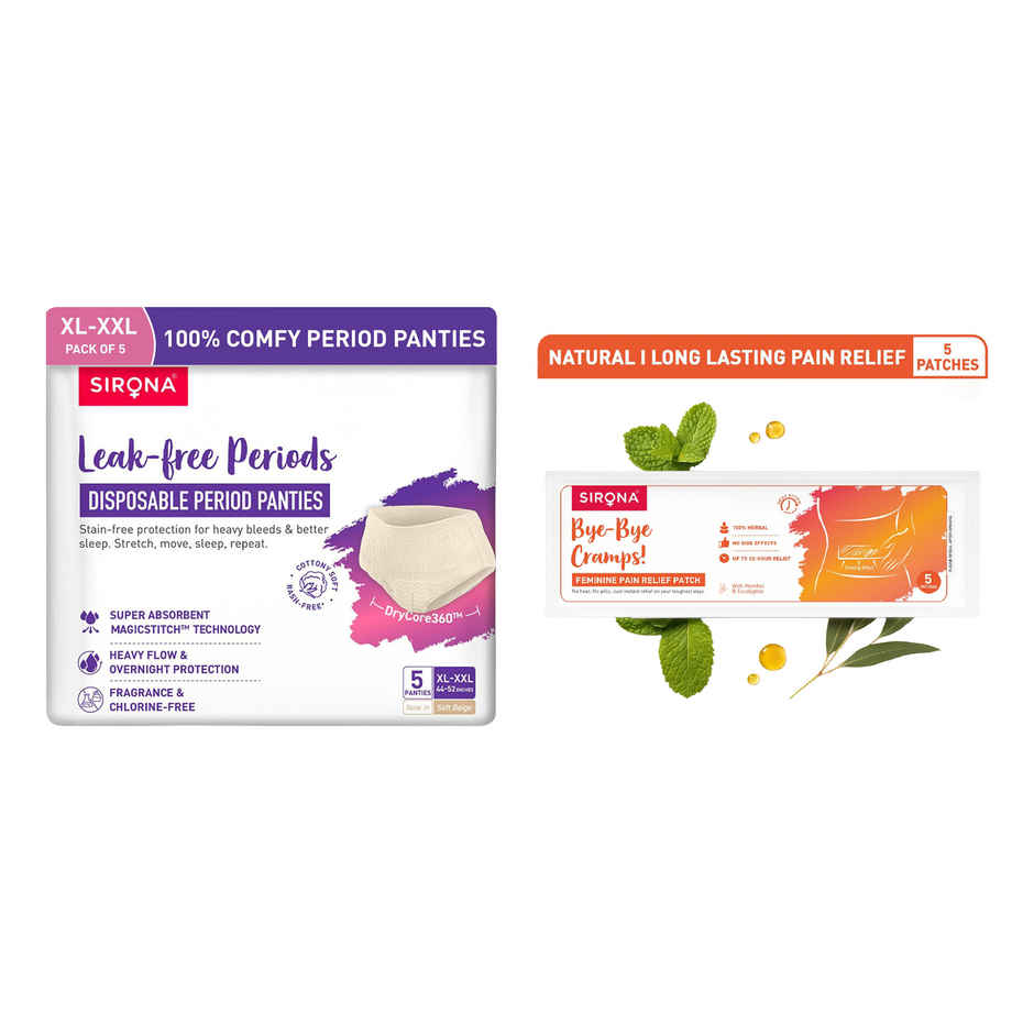 Sirona Disposable Period Panties 2Xl, 5X More Absorption, 100% Rash Free, Leak-Proof (5pc) & Sirona Herbal Period Pain Relief Patches| Relief From Menstrual Cramps | Cool Patches (5pc) Combo