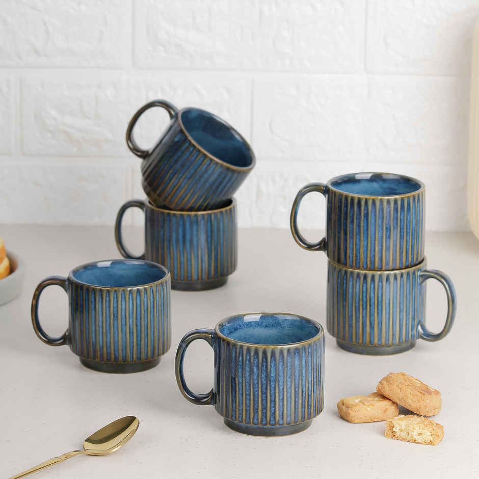 The Earth Store Glam Blue Fringe Premium Stackable Ceramic Tea Cup | Blue - 160 ml