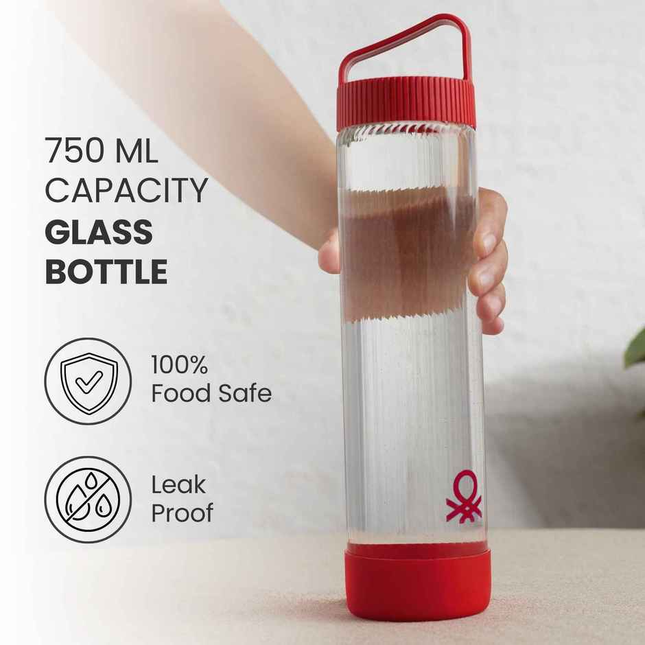 United Colors of Benetton Glass Water Bottle Silicone Base Leakproof BPA Free Durable