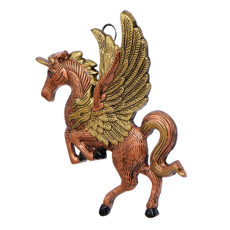 eCraftIndia Golden and Brown Metal Flying Horse Animal Wall Hanging Decorative Showpiece