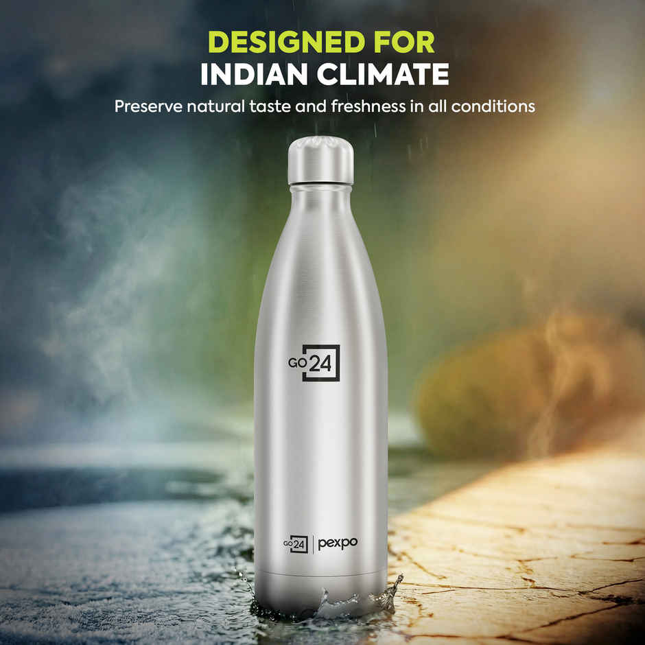Go24 Electro Stainless Steel Thermos Bottle | Silver | Leakproof | 3-Layer Insulation