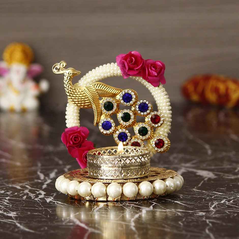 eCraftIndia Metal Peacock With Stones Handcrafted Tea Light Holder