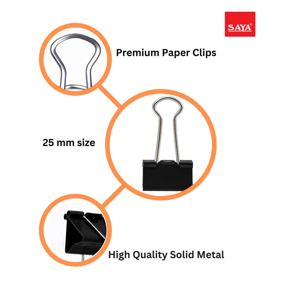 Saya Binder Clips - 25mm Metal Clips, 12 Pieces per Pack for Paper Organization