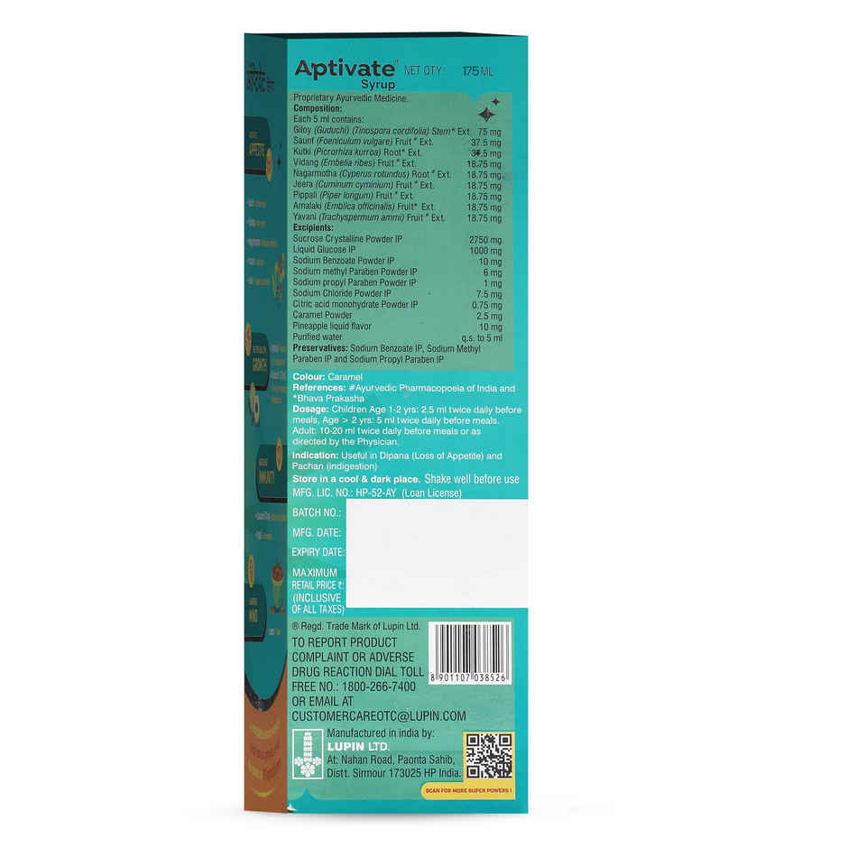 Lupin Life Aptivate Syrup for Children Enhance Appetite Boosts Immunity Improves Digestion Pineapple