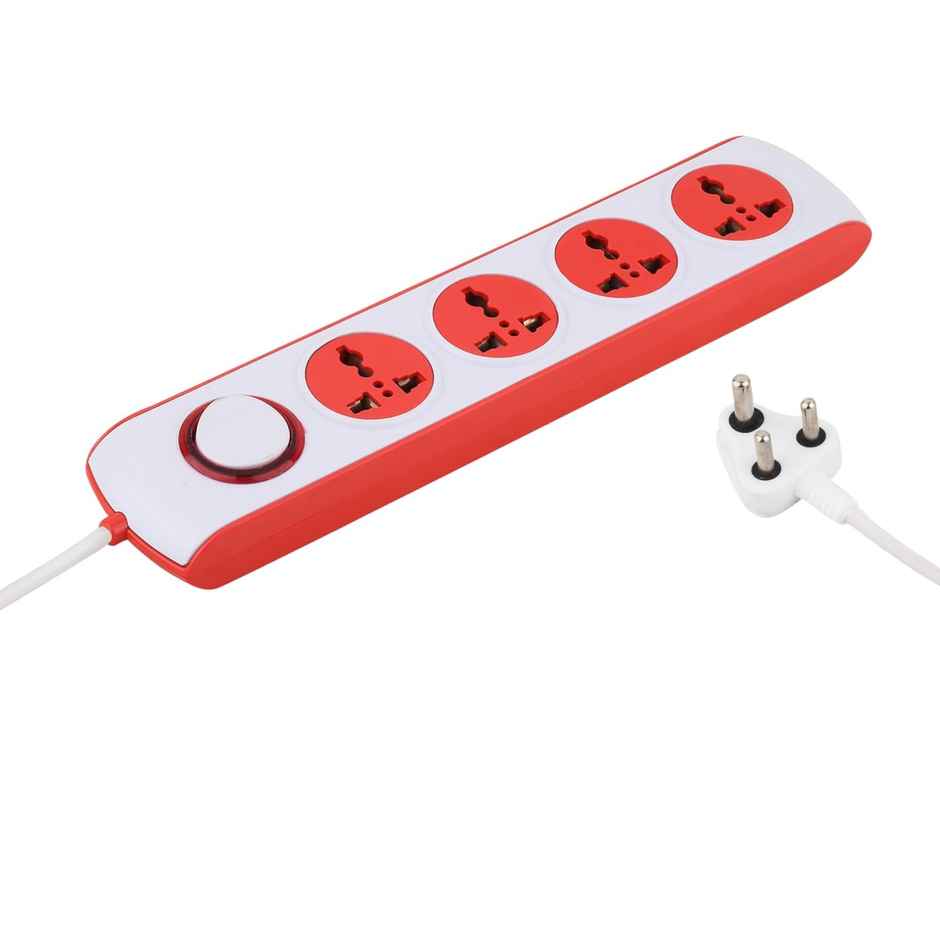 Ailkin 4 + 1 250 Volts Power Strip Extention Board with Master Switch, Indicator, Safety Shutter & 4 International sockets, Extension Cord for Home Appliances - Red & White 