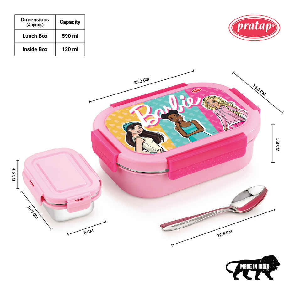 Barbie Kids Stainless Steel Insulated Lunch Box with Container Spoon Leak Proof , BPA Free | Pratap