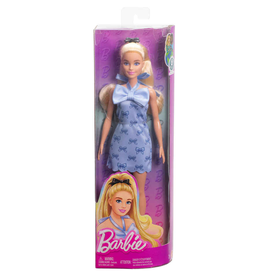 Barbie Fashionistas Doll | Blonde Hair with Blue Bow & Pony Tail | Halter Dress with Accessories