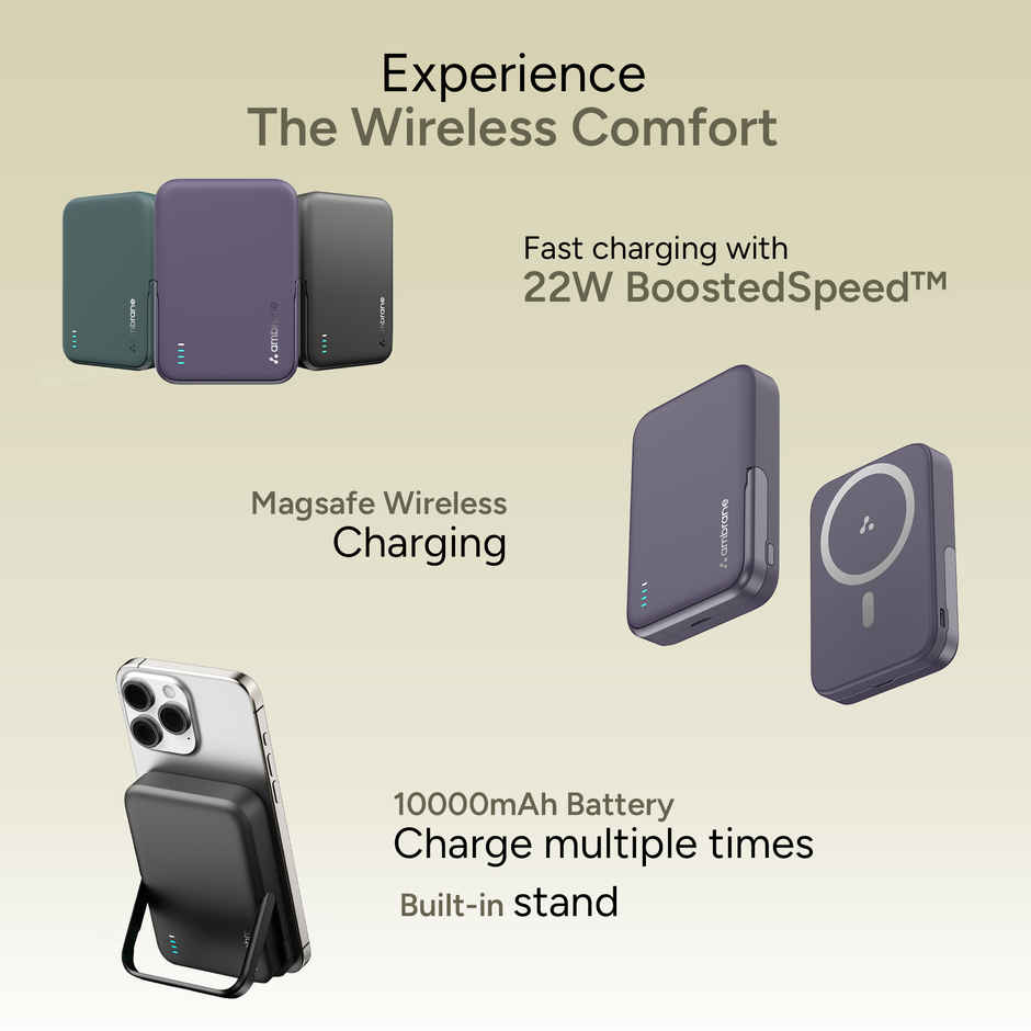 Ambrane MagSafe Wireless 10000mAh Fast Charging Powerbank with Mobile Stand | Black