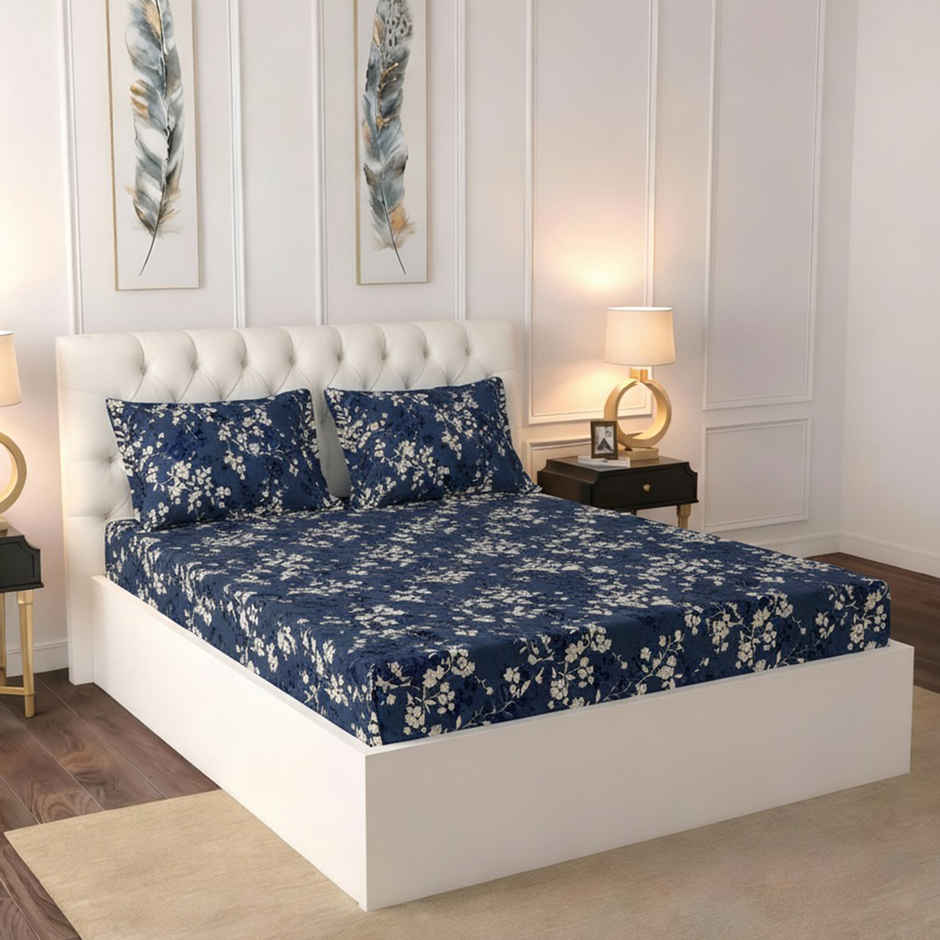 Raymond Home 120 GSM Hazel Floral Double Bedsheet with 2 Pillow Covers Blue