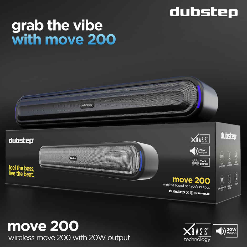 Dubstep Move 200 Soundbar With 12 Hrs Playtime, 52mm Dynamic Drivers, TWS Pairing 20 W Bluetooth Soundbar, 2.0 Channel - Black