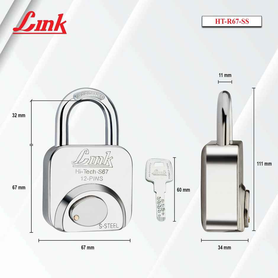 Link Stainless Steel Hi-Tech S-67mm Padlock with Hardened Shackle & 3 Brass Keys