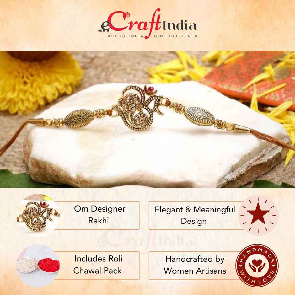 Religious Golden Beads, Om Symbol Designer Rakhi for Brother & Roli Chawal | Pack of 1 | Ecraftindia