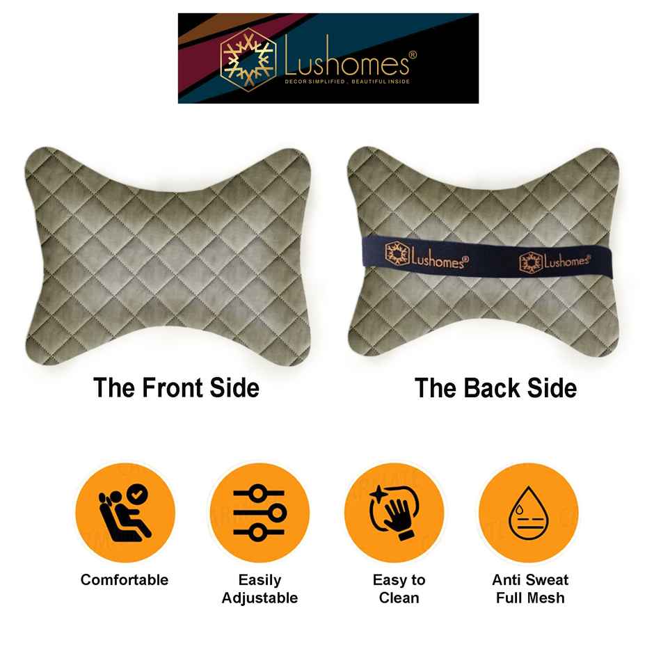 Lushomes Car Neck Rest Pillow - Grey | Premium Quilted Velvet | 6 x 10 inch
