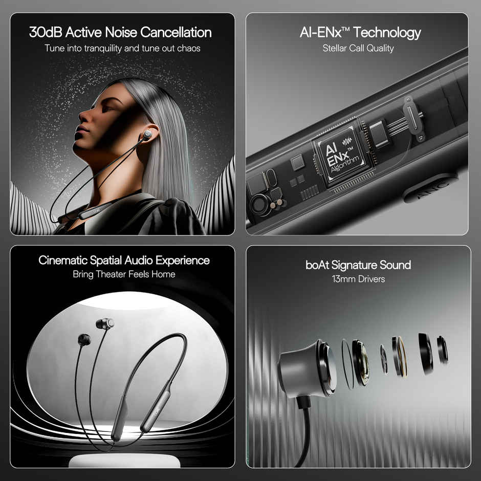 boAt Rockerz 210 ANC Bluetooth in Ear Neckband w/Spatial Audio, 30dB ANC, AI-ENx Technology, 40hrs Playback, EQ Modes, 13 mm Drivers, Dual Pairing & Fast Pair - Onyx Black