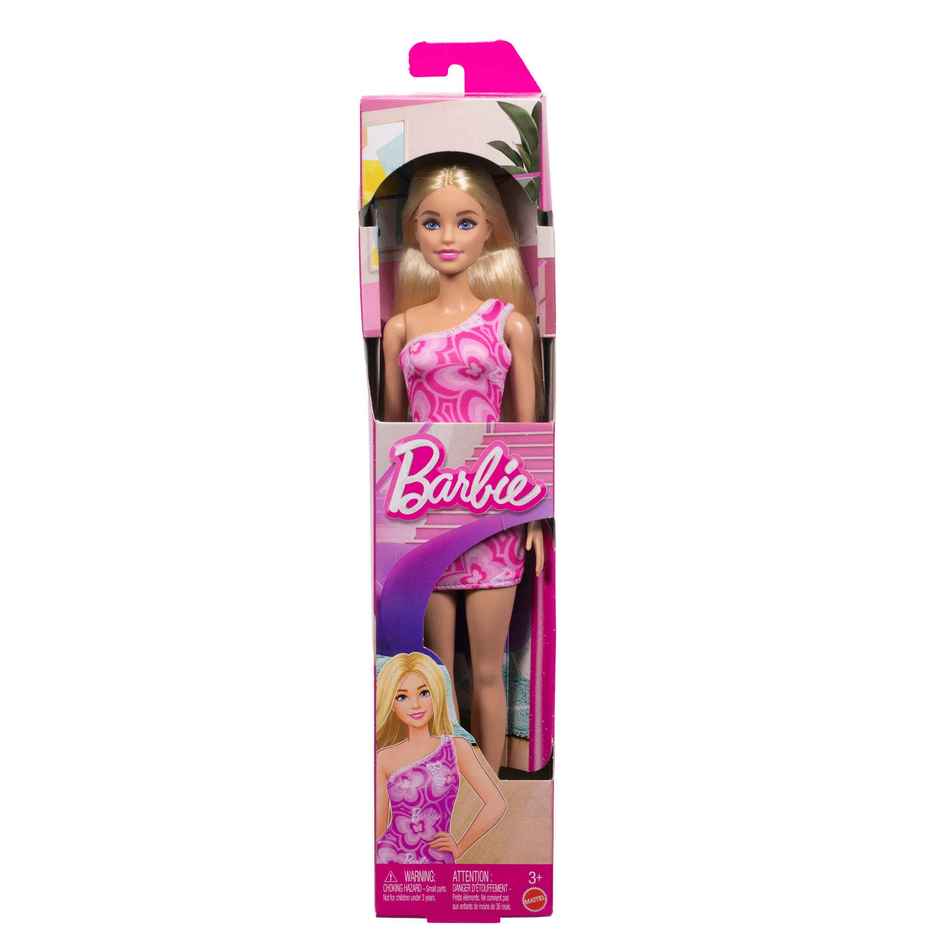 Barbie Fashion Dolls with Variety of Pink Patterned Dresses and Hair Colors