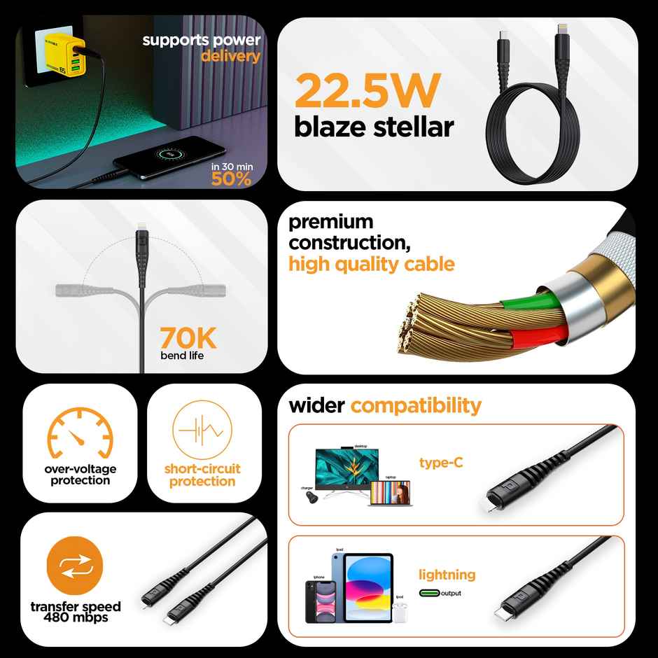 Dubstep Blaze Stellar 22.5W Type-C to Lightning 1m Fast Charging Data Cable | Black