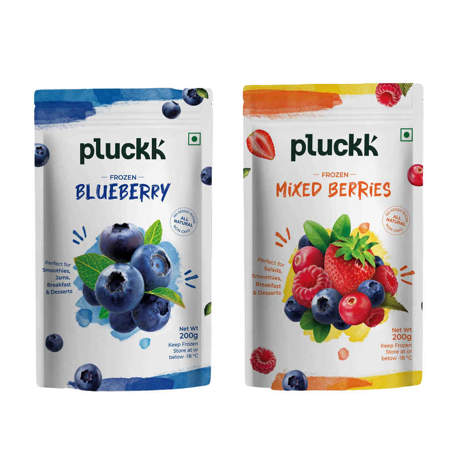 Pluckk Fresh Frozen Imported Blueberry Natural | Non Gmo | Rich In Antioxidants | Superfood Snack (200g) & Pluckk Fresh Frozen Imported Mixed Berries Natural | Non-Gmo | Rich In Antioxidants And Vitamin C (200g) Combo