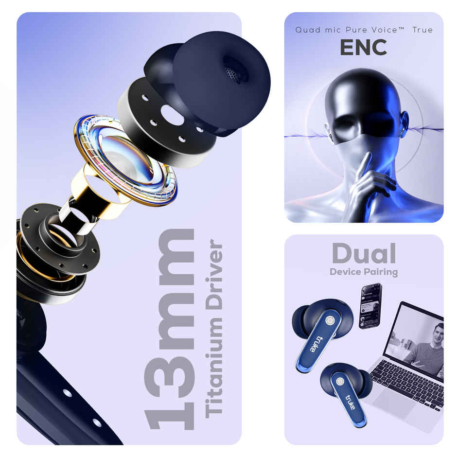 Truke Mega 12 Buds with 70H Playtime Leather Textured Finish Spatial Audio 13mm Drivers Indigo Blue