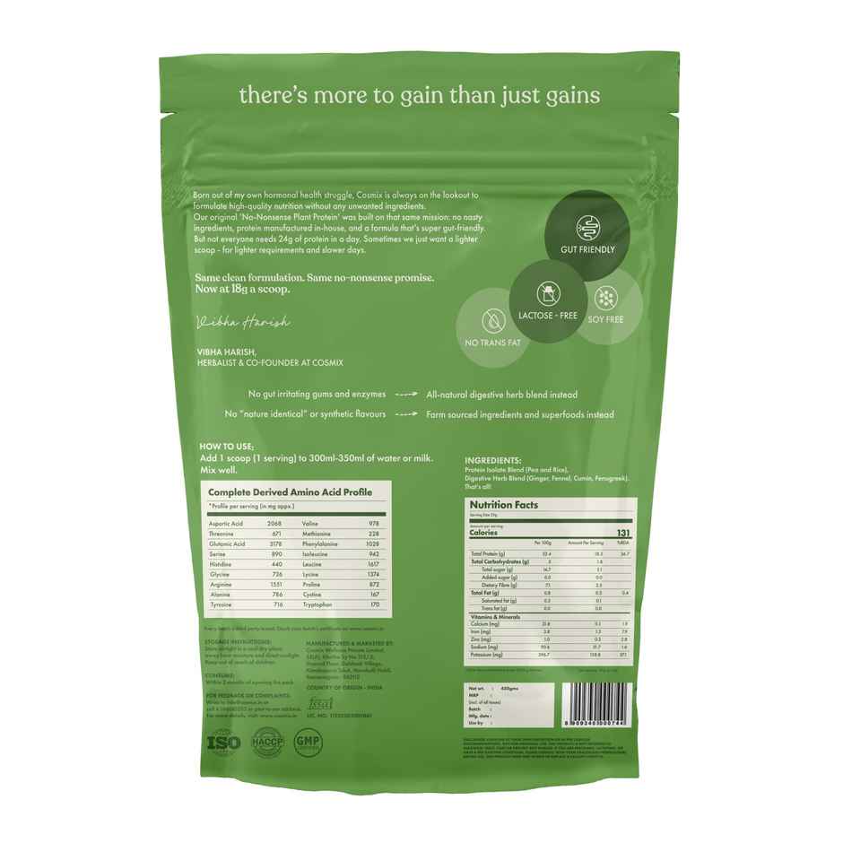 Cosmix No Nonsense Plant Protein Lite for Beginners Unflavoured | 18 g Protein