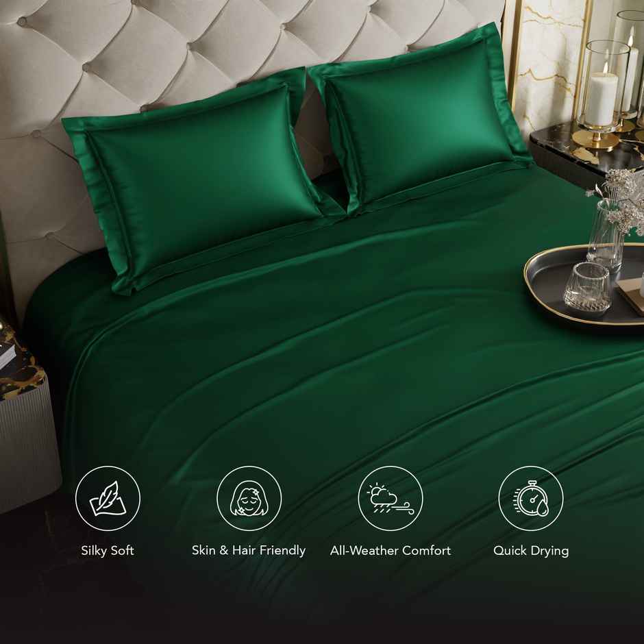 Stoa Paris Emerald Green Flat Bedsheet Set - Double - 2 Pillow Covers