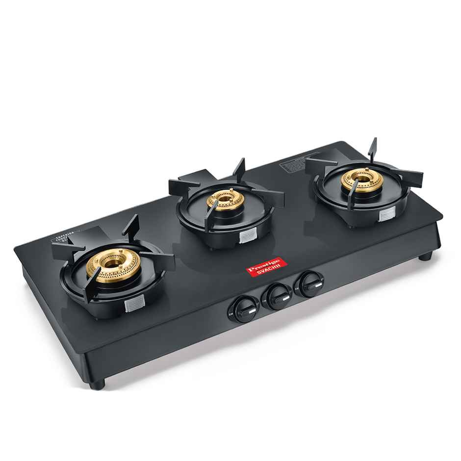 Prestige 3 Burner Svachh Neo GTSN 03 Toughened Glasstop Gas Stove | Liftable Burners | Black