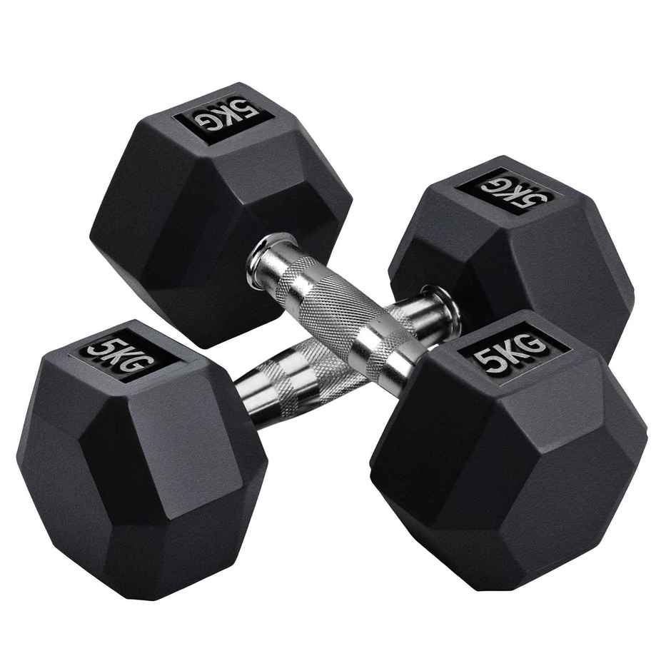 Slovic Anti-Skid Rubber Coated Hexa Dumbbell Set | 5kg x2| Ideal for Home & Gym Workout | Black