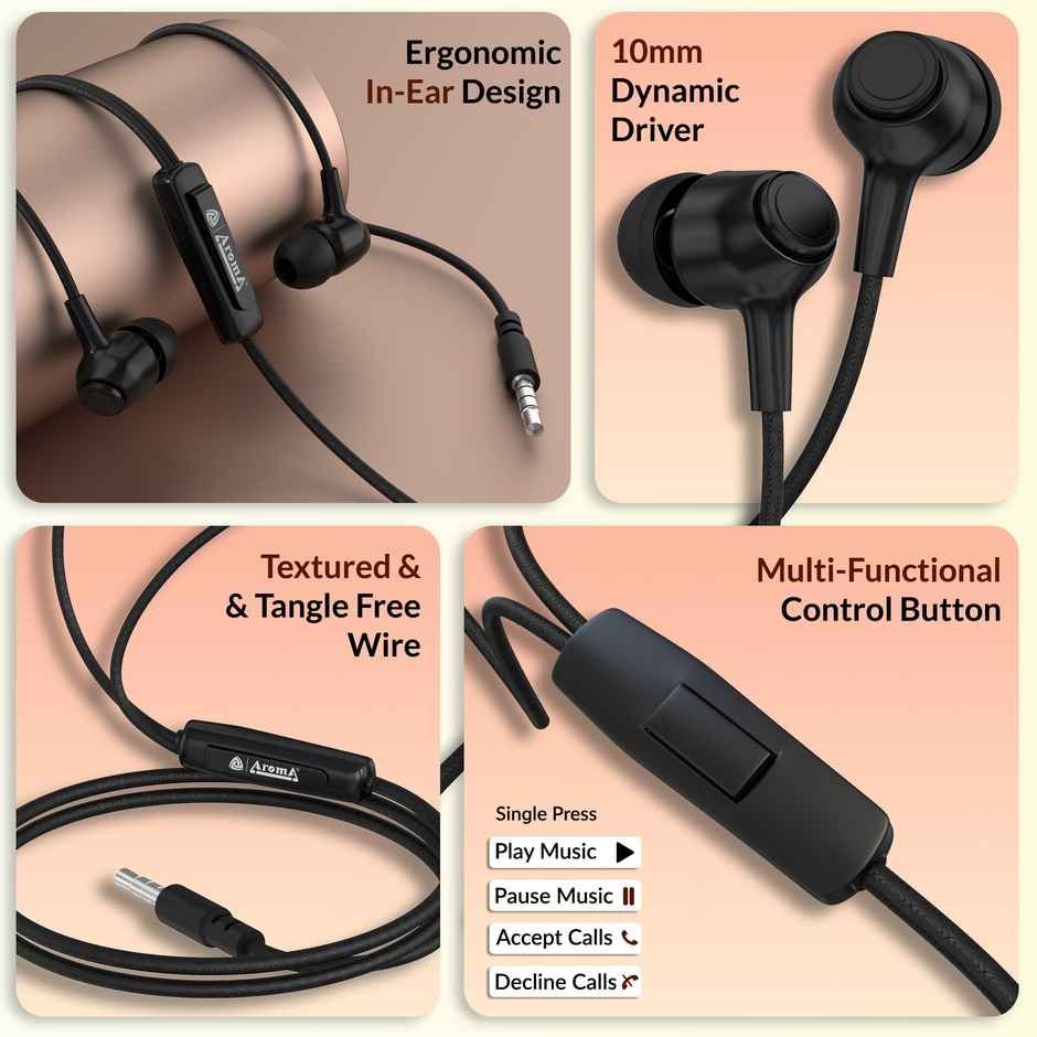 Aroma Wired Earphone With Mic 3.5Mm Jack I 10 Mm Drivers For Mobile, Tablet, Laptop I Black