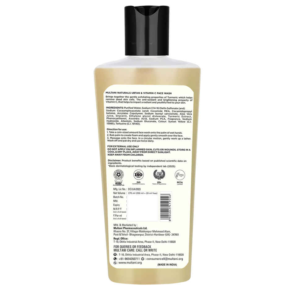 Multani Naturals Ubtan & Vitamin C Face Wash | Reduce Tan & Boost Radiance | No SLS Paraben