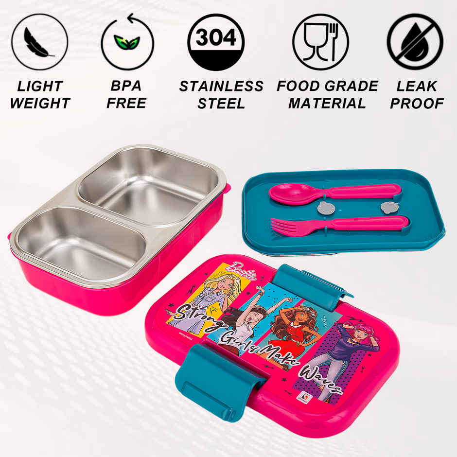 Striders Barbie Double Compartment Lunch Box With Cutlerys Multicolor | 460 ml