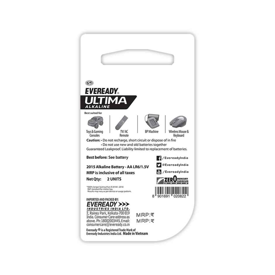 Eveready Ultima Alkaline AA Battery, 400% Longer Lasting|Pack of 2