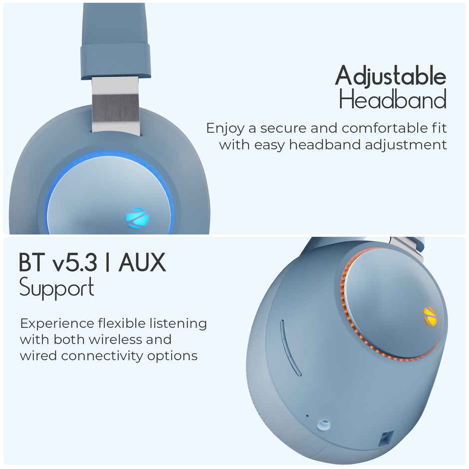 Zebronics Duke BT Headphone, 60h, Dual Pairing, Gaming Mode, ENC, LED, Deep Bass, Voice Asst(Blue)