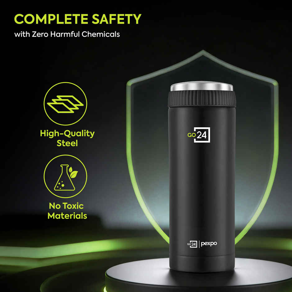 Go24 | Pexpo Crypto ISI Certified Hot & Cold Flask | 430 ml | Knight Black | Stainless Steel