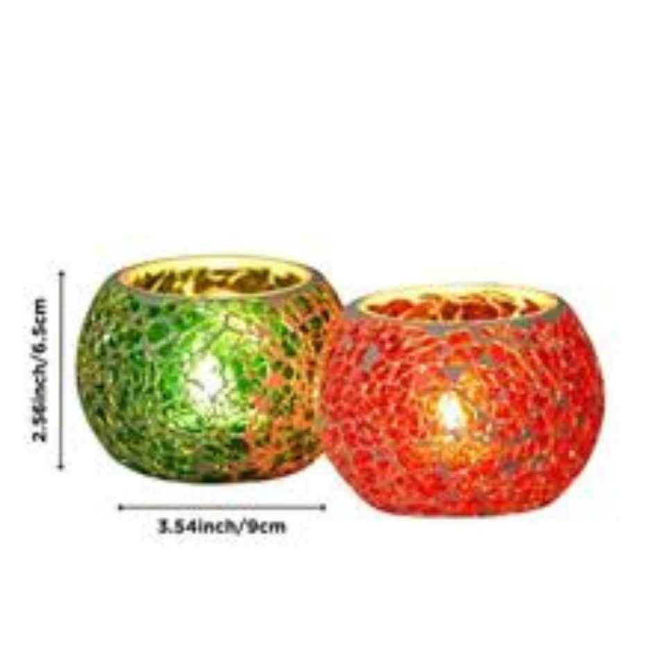 eCraftIndia Red & Green Set of 2 Mosiac Glass Decorative Tea Light Holder/diya