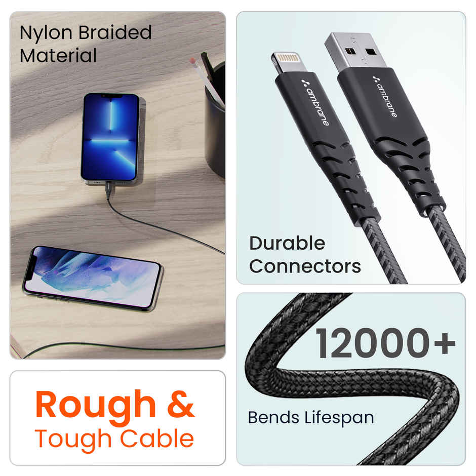 Ambrane 15W USB to Lightning Fast Charging Braided Cable - 1 m
