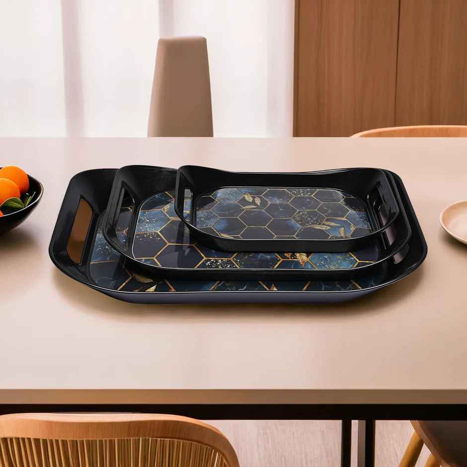 Kuber Industries 3-Piece Nested Serving Tray Set | Hexagon | Black