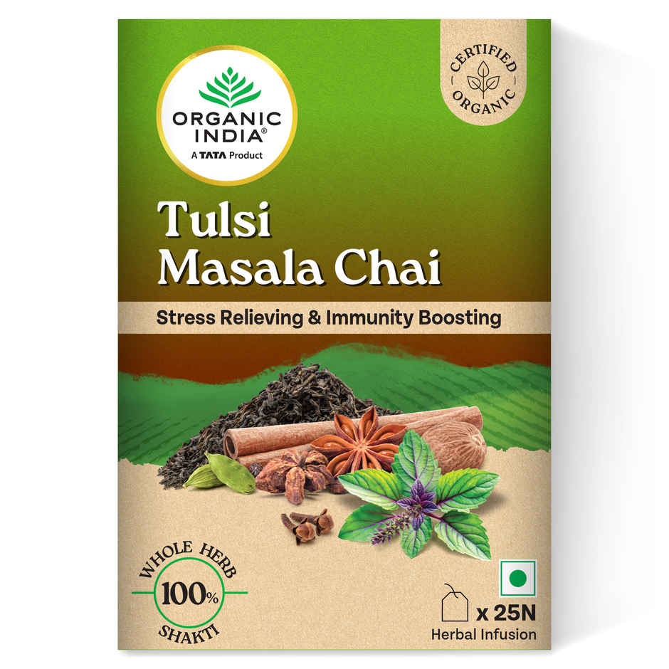 A TATA Product - Organic India Tulsi Masala Chai, 25 Tea Bags, Unbleached Filter Paper Tea Bags