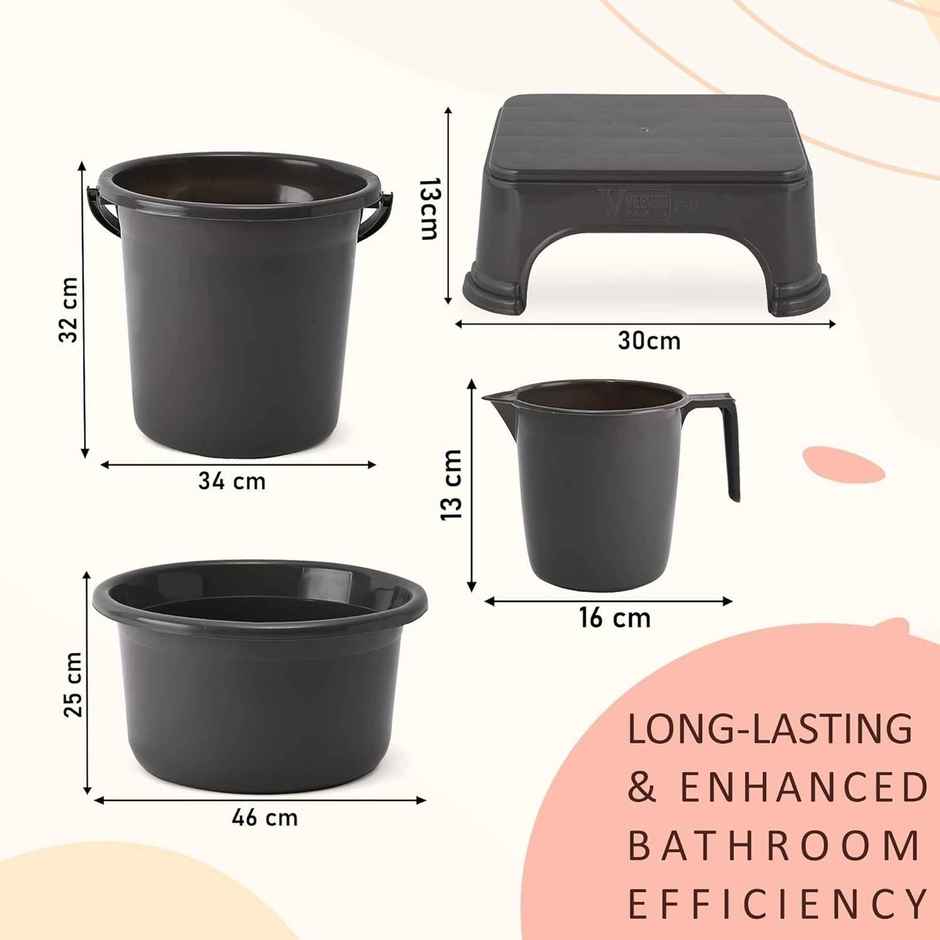 Kuber Industries Tub-Bucket with Mug & Stool Bathroom Combo Set|Set of 4|Gray