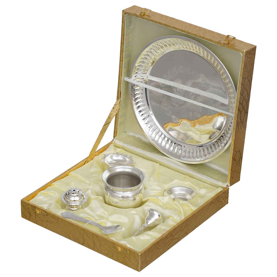 Silver Pooja Thali Set with Diya, Ghanti, Kalash, Spoon, Agarbatti Stand, Bowl | Ecraftindia