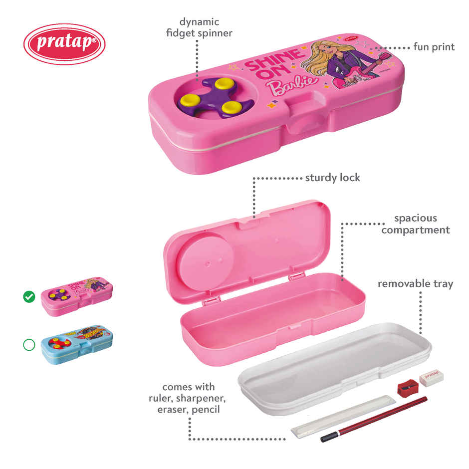 PRATAP Focus Pencil Box with Fidget Spinner Pencil Eraser Scale Sharpener Pink Barbie