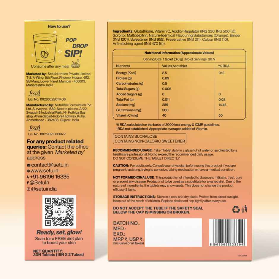 Setu Skin Renew Glutathione Effervescent Tablets - Pack Of 2 - Orange