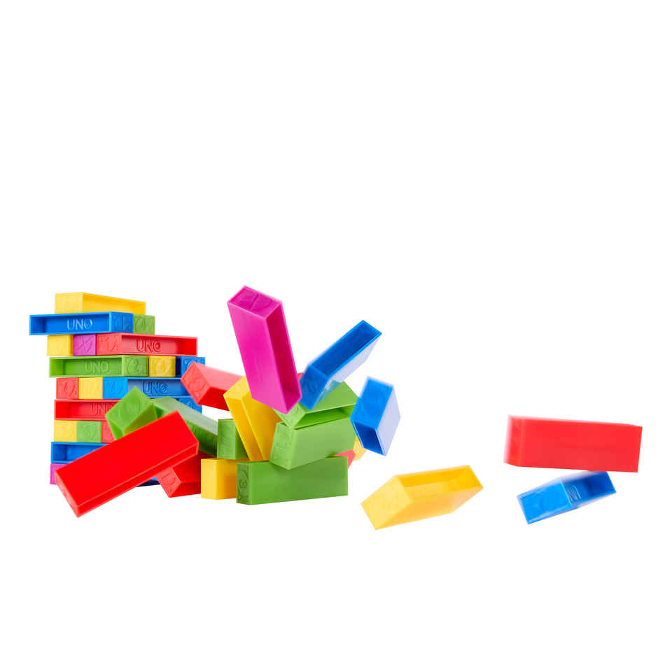 UNO Stacko Game for Kids and Family with 45 Colored Stacking Blocks and Tray