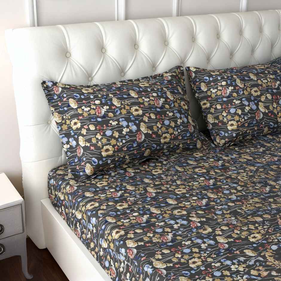 Raymond Home 120 GSM Hazel Floral Double Bedsheet with 2 Pillow Covers Black