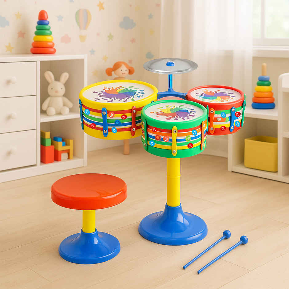 Kidsmate Lil Beats Drum Set for Kids| 3 Drums, 1 Cymbal, Drumsticks & Stool | Multicolor