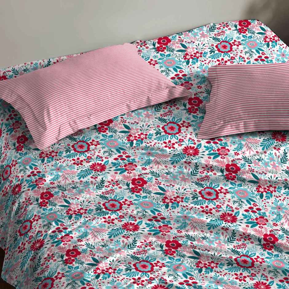 Mytrident Bedsheet Set | Queen Size Double Bed sheet set | 100% Cotton - Gardenia Blooms Pink